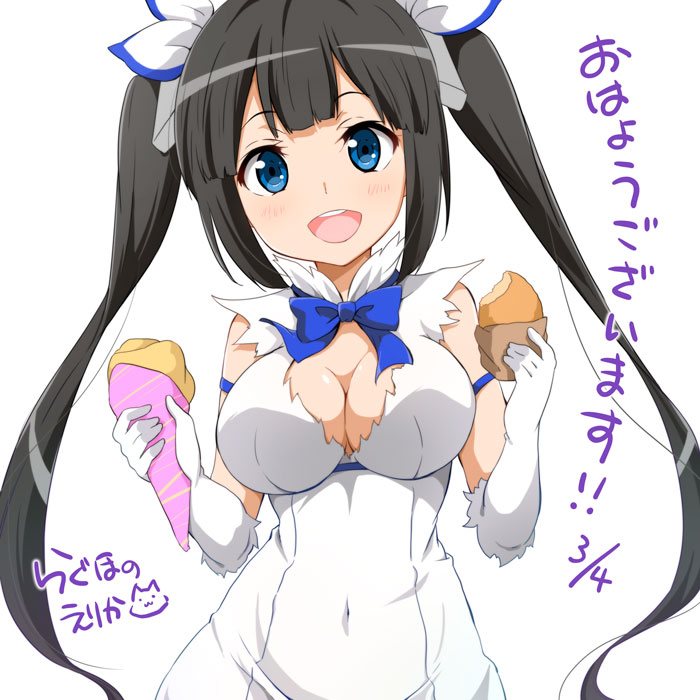 1girl :d bangs black_hair blue_bow blue_bowtie blue_eyes blue_ribbon blunt_bangs blush bow bowtie bread breasts cleavage cleavage_cutout cone covered_navel dress dungeon_ni_deai_wo_motomeru_no_wa_machigatteiru_darou_ka elbow_gloves food gloves hair_ribbon head_tilt hestia_(danmachi) holding holding_food large_breasts looking_at_viewer open_mouth ragho_no_erika rei_no_himo ribbon round_teeth sidelocks simple_background smile solo tareme teeth text translation_request twintails white_background white_dress white_gloves white_ribbon