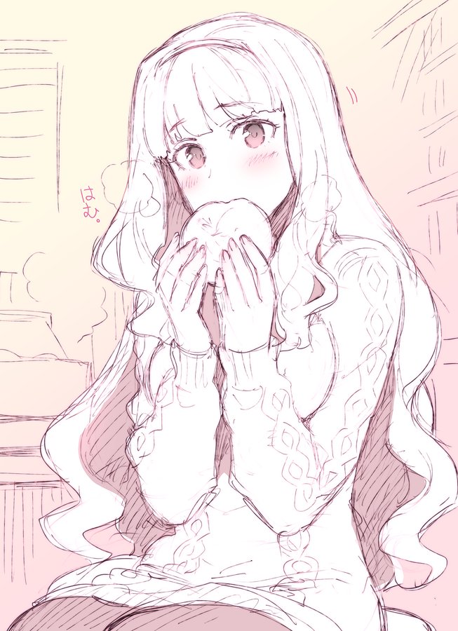 1girl baozi blush eating food hairband idolmaster long_hair looking_at_viewer monochrome redrop shijou_takane sitting solo steam sweater