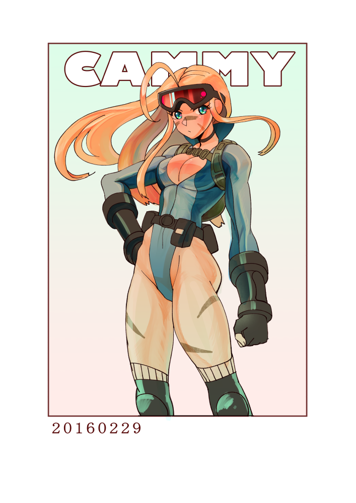 1girl 9-me :&lt; ahoge alternate_costume alternate_hairstyle backpack bag belt_pouch blonde_hair blue_eyes bodypaint border breasts cammy_white camouflage character_name choker cleavage clenched_hand dated fingerless_gloves gloves goggles goggles_on_head hair_down hand_on_hip highleg highleg_leotard huge_ahoge knee_pads leotard long_hair long_sleeves solo street_fighter street_fighter_v