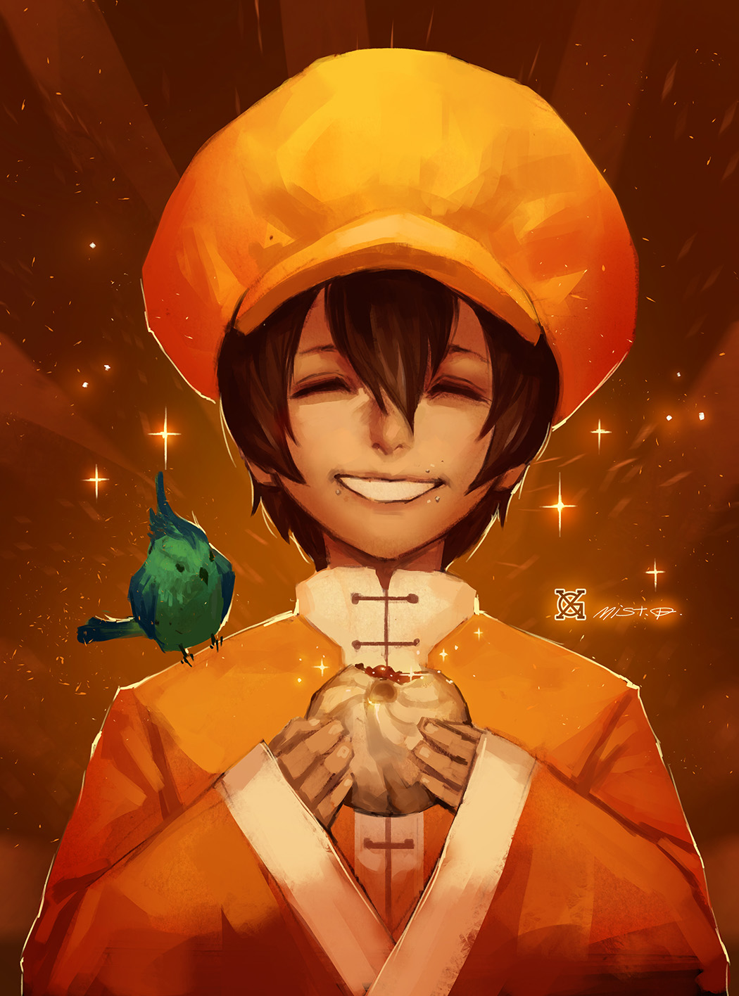 1boy bao baozi bird brown_hair chinese_clothes closed_eyes eating food hat highres male_focus orange_(color) short_hair shota smile snk solo the_king_of_fighters xiaoguimist