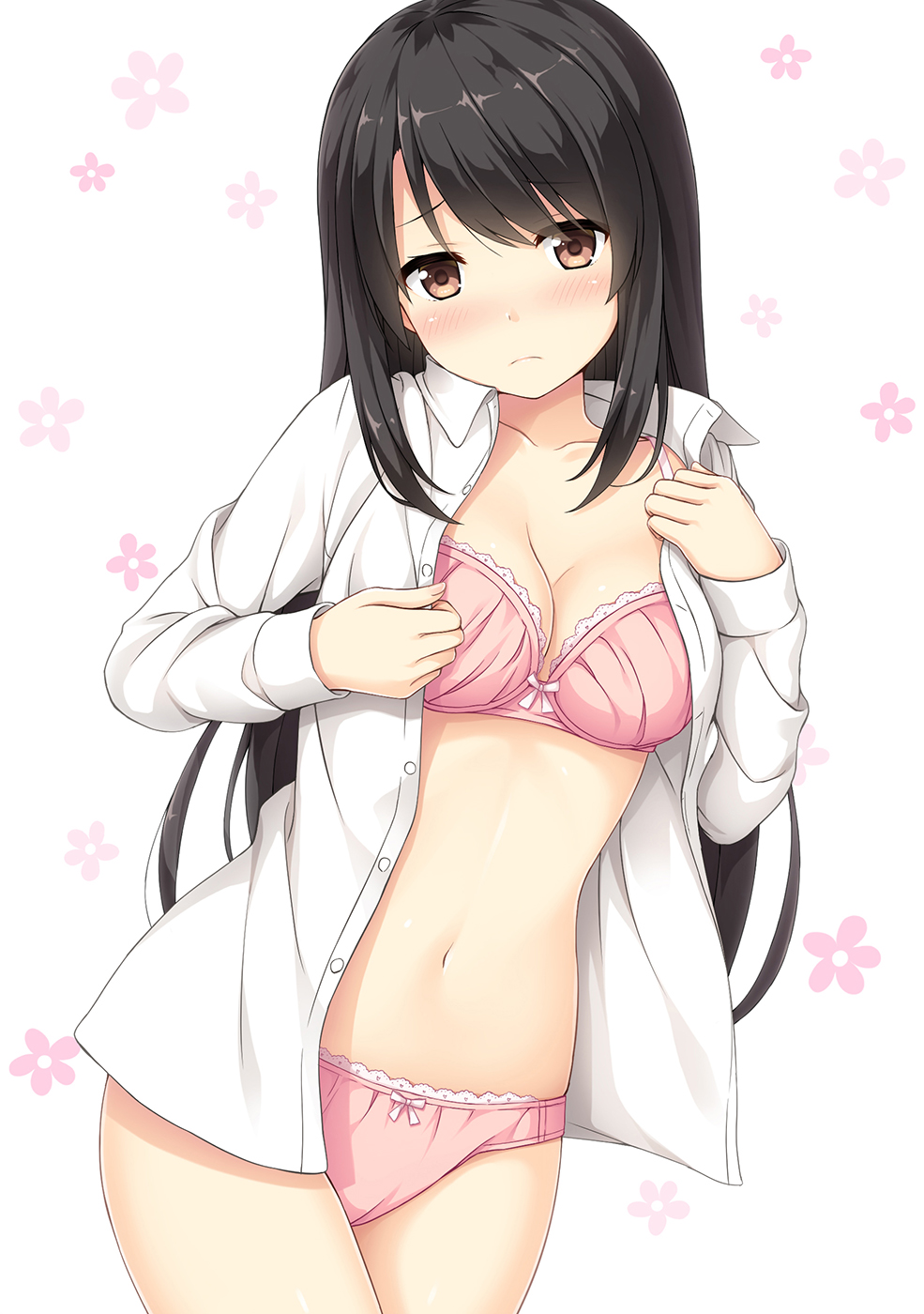 1girl bangs black_hair blush bow bow_bra bow_panties bra breasts brown_eyes cleavage closed_mouth collared_shirt dress_shirt eyebrows eyebrows_visible_through_hair flower frown highres lace-trimmed_bra lace-trimmed_panties long_hair long_sleeves looking_at_viewer nakamura_sumikage navel no_pants open_clothes open_shirt original panties pink_bra pink_panties shirt solo stomach underwear white_background white_shirt