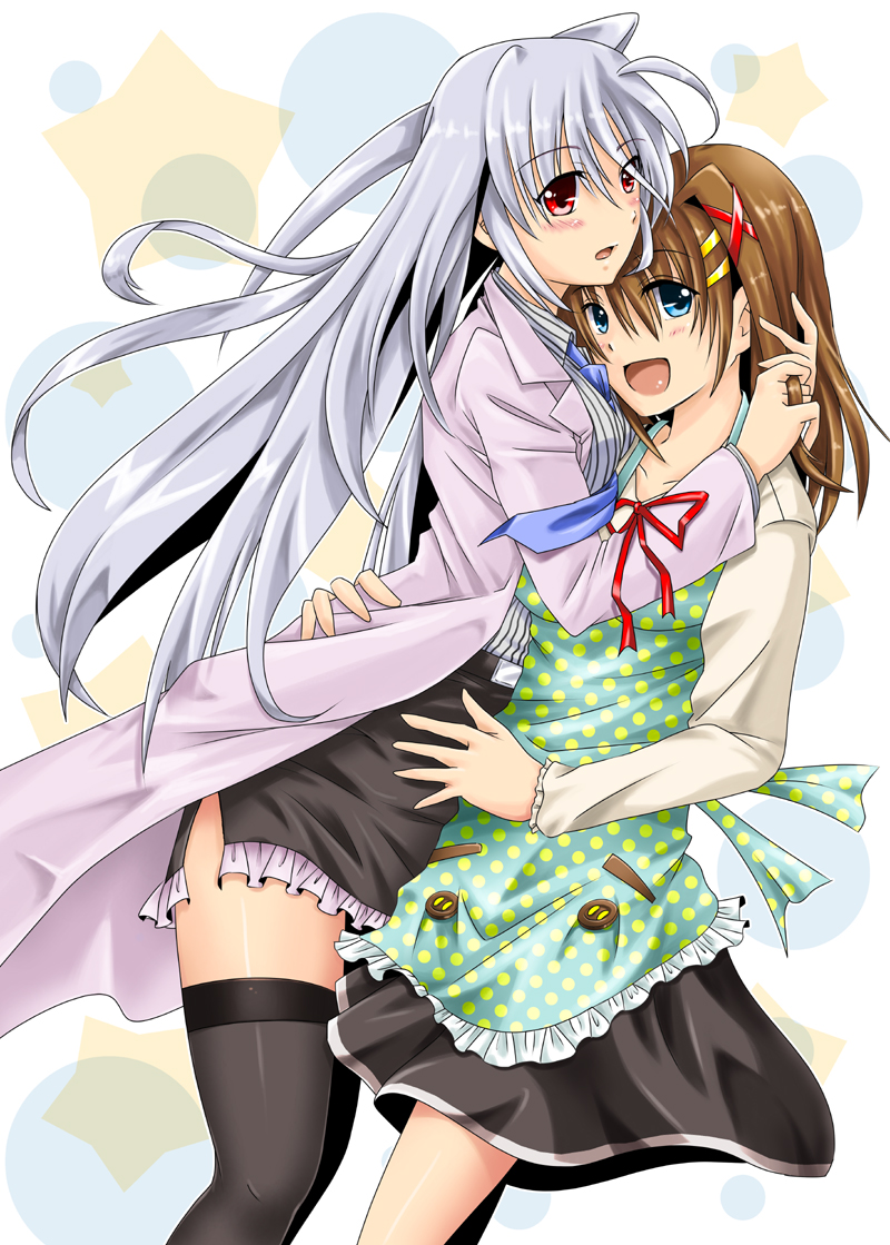 2girls :d apron blue_eyes blush brown_hair dasuto female hair_ornament hairclip hug labcoat long_hair lyrical_nanoha mahou_shoujo_lyrical_nanoha_innocent multiple_girls open_labcoat open_mouth red_eyes reinforce silver_hair skirt smile thigh-highs x_hair_ornament yagami_hayate