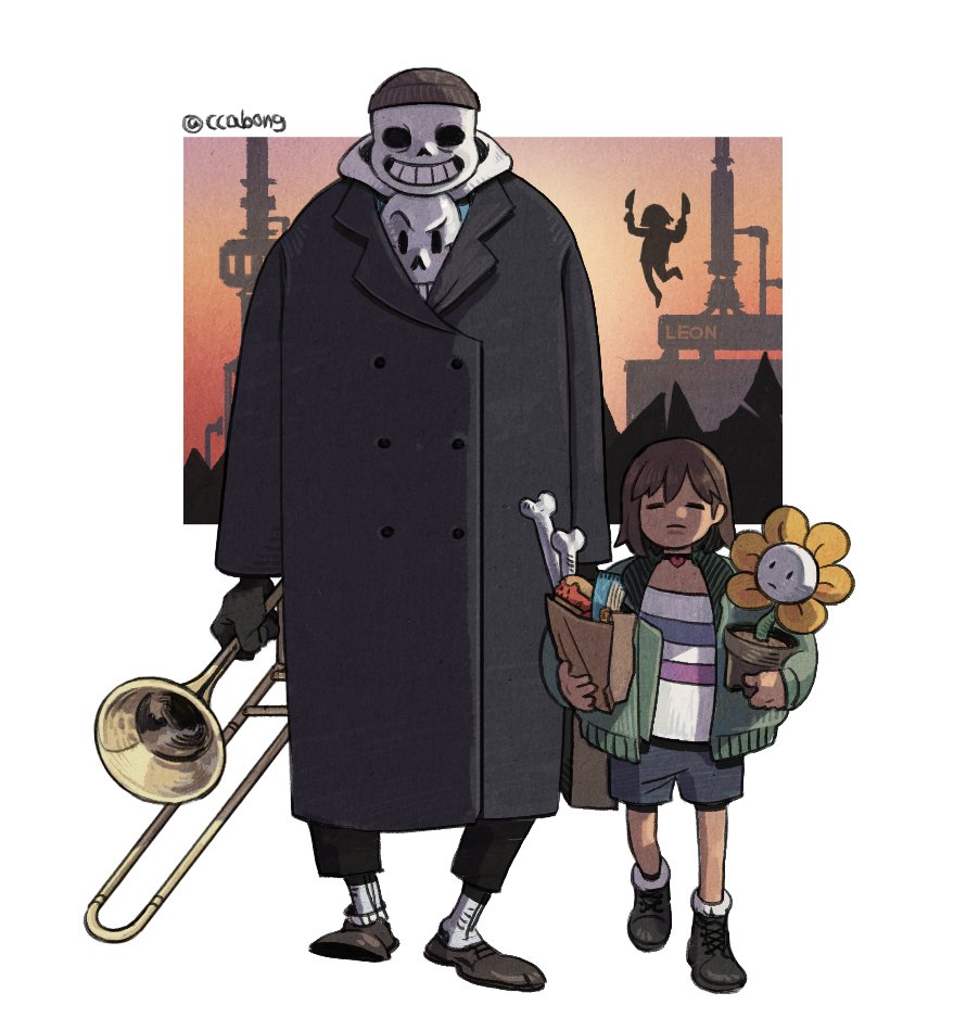 2boys androgynous bag chara_(undertale) flower_pot flowey_(undertale) frisk_(undertale) human_tower instrument jewelry knife letterman_jacket multiple_boys necklace papyrus_(undertale) sans shirt shopping_bag silhouette skeleton stacking striped striped_shirt trench_coat trombone twitter_username undertale