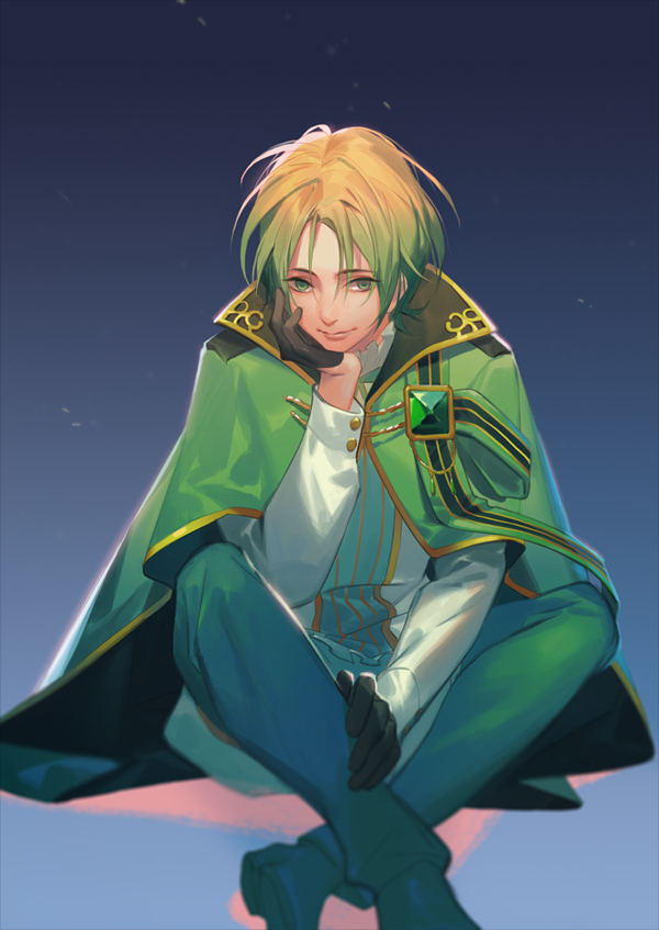 1boy black_gloves blonde_hair blue_background blurry cloak depth_of_field frills gem gloves gradient gradient_background gradient_hair green_eyes green_hair half_gloves hand_on_own_cheek head_rest long_sleeves looking_at_viewer male_focus multicolored_hair naked_cat rido_(yume-100) shoes sitting smile solo two-tone_hair yume_oukoku_to_nemureru_100-nin_no_ouji-sama