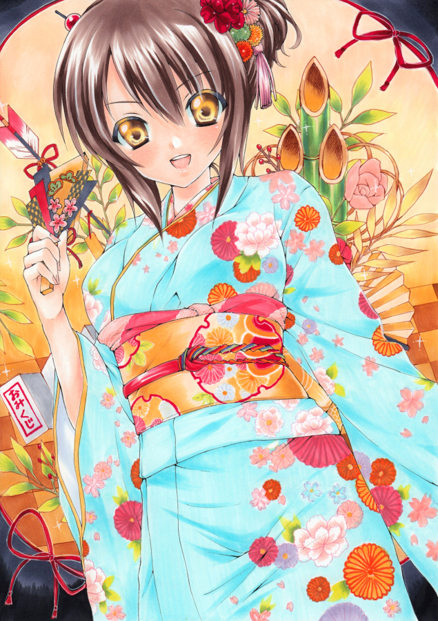 1girl arrow bamboo brown_hair japanese_clothes kimono ponytail ren_(endscape20) short_hair suzumiya_haruhi suzumiya_haruhi_no_yuuutsu traditional_media yellow_eyes