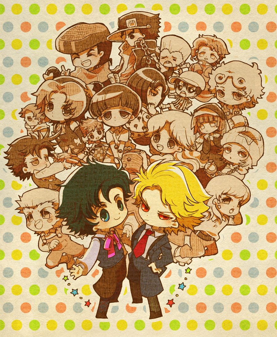 age_regression alternate_hairstyle bangs basket bebe_(ad234_tenrou) black_hair blonde_hair blue_eyes bruno_bucciarati buck_teeth caesar_anthonio_zeppeli chain character_request chibi diego_brando dio_brando double_bun earrings erina_pendleton facial_hair facial_mark food formal fruit gakuran giorno_giovanna gyro_zeppeli hands_on_hips hat higashikata_jousuke hot_pants_(sbr) jean_pierre_polnareff jewelry johnny_joestar jojo_no_kimyou_na_bouken jonathan_joestar joseph_joestar_(young) kakyouin_noriaki kuujou_jolyne kuujou_joutarou long_hair multicolored_hair narancia_ghirga neck_ribbon necktie nun open_mouth outline overalls oversized_clothes polka_dot polka_dot_background pompadour red_eyes ribbon scarf school_uniform shirt short_hair skirt smile steel_ball_run stopwatch striped striped_scarf striped_shirt suit suspenders sweater_vest toy_airplane traditional_media trish_una two-tone_hair watch younger