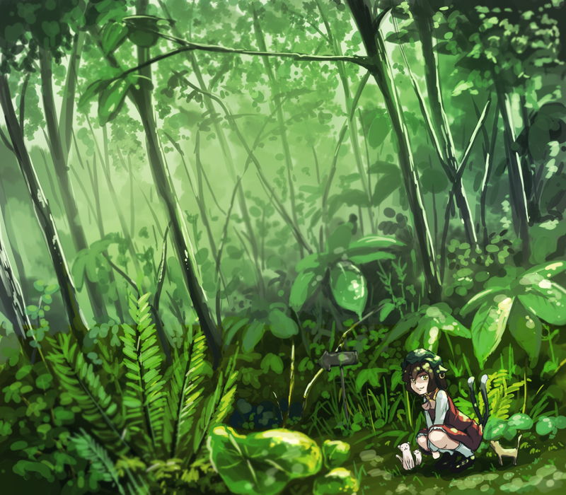 1girl animal_ears ascot between_legs black_shoes brown_hair cat cat_ears cat_tail chen dappled_sunlight day dutch_angle earrings fern forest grass green green_hat hand_between_legs hat heiya jewelry looking_at_viewer mob_cap multiple_tails nature outdoors path plant red_skirt red_vest road scenery shoes short_hair sign signpost skirt skirt_set smile socks solo squatting sunlight tail touhou tree two_tails v_arms white_legwear yellow_eyes