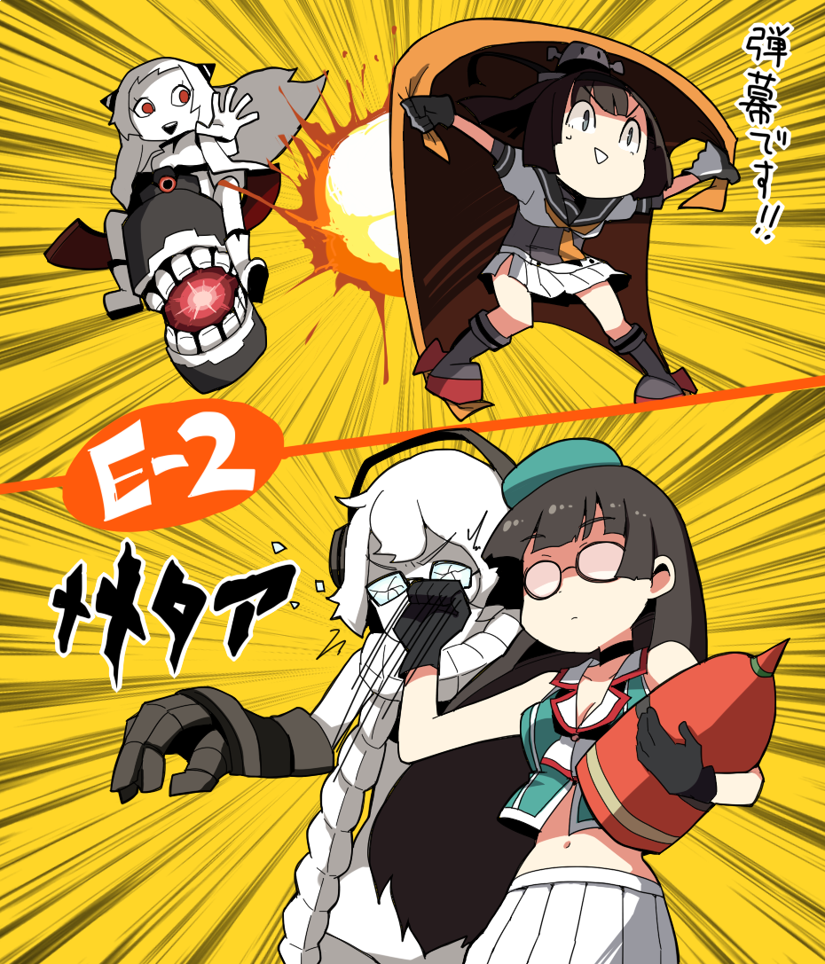 airfield_hime akizuki_(kantai_collection) black_eyes black_hair choukai_(kantai_collection) dokan_(dkn) face_punch glasses gloves hat headphones in_the_face kantai_collection ponytail punching red_eyes remodel_(kantai_collection) school_uniform smile supply_depot_hime white_hair