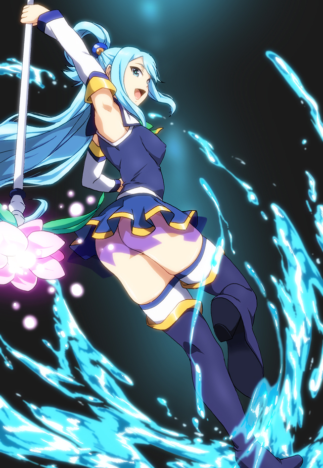 1girl aqua_(konosuba) armpits ass bare_shoulders blue_eyes blue_hair detached_sleeves fugakuhyakkei hair_ornament kono_subarashii_sekai_ni_shukufuku_wo! long_hair no_panties open_mouth skirt staff thigh-highs very_long_hair