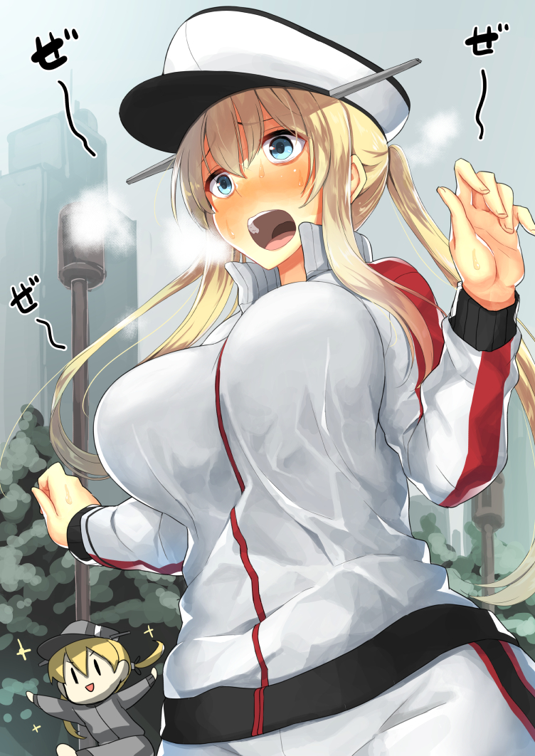 2girls :d blonde_hair blue_eyes blush body_mahattaya_ginga bouncing_breasts breasts breath cowboy_shot full-face_blush graf_zeppelin_(kantai_collection) grey_hat hair_between_eyes hat jacket kantai_collection lamppost large_breasts long_hair long_sleeves multiple_girls open_mouth outdoors outstretched_arms pants peaked_cap plant pole prinz_eugen_(kantai_collection) sidelocks smile solid_oval_eyes solo_focus surprised sweatdrop tareme teeth track_jacket track_pants track_suit tree twintails white_hat white_jacket white_pants