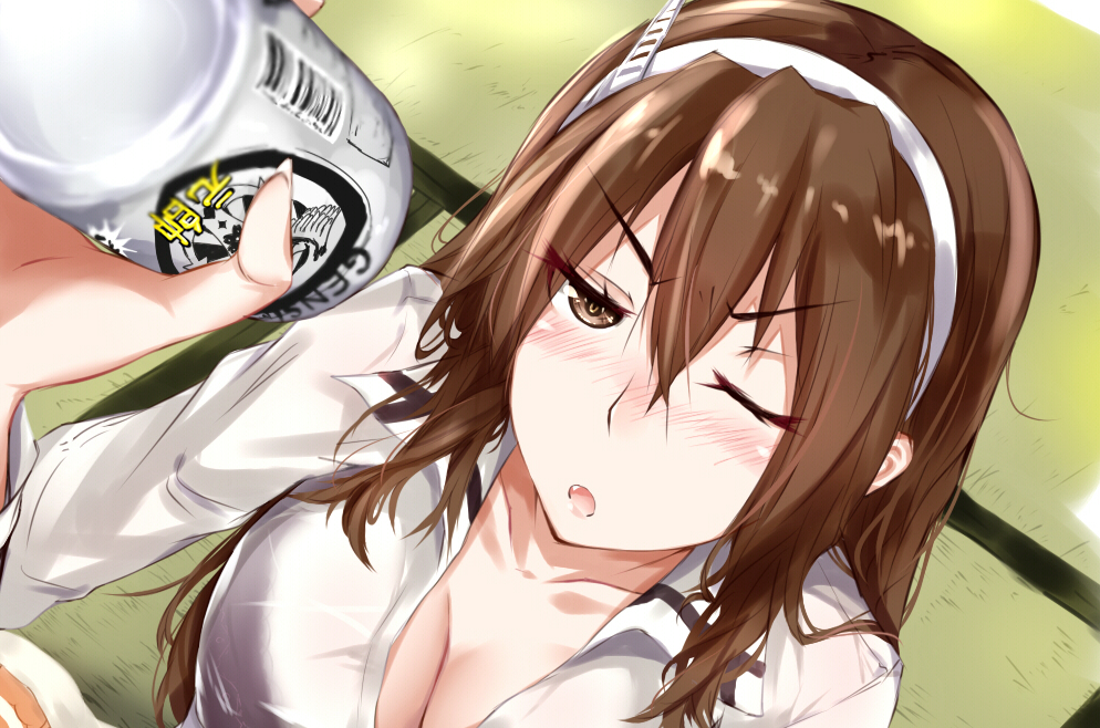 &gt;;o 1girl ashigara_(kantai_collection) beer_can blurry blush breasts brown_eyes brown_hair cleavage collarbone depth_of_field drunk dutch_angle eyebrows eyebrows_visible_through_hair eyelashes fang fingernails frown furrowed_eyebrows hair_between_eyes hairband kantai_collection long_fingernails long_hair messy_hair nose_blush one_eye_closed open_mouth solo tokorotn