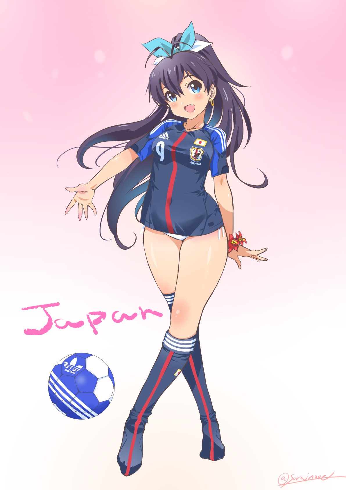 1girl adidas ball black_hair blue_eyes blush boots breasts dark_skin earrings fang flower ganaha_hibiki hair_ribbon highres idolmaster inoue_sora japan jewelry long_hair looking_at_viewer open_mouth panties ponytail revision ribbon side-tie_panties smile soccer soccer_ball soccer_uniform solo sportswear underwear watson_cross white_panties