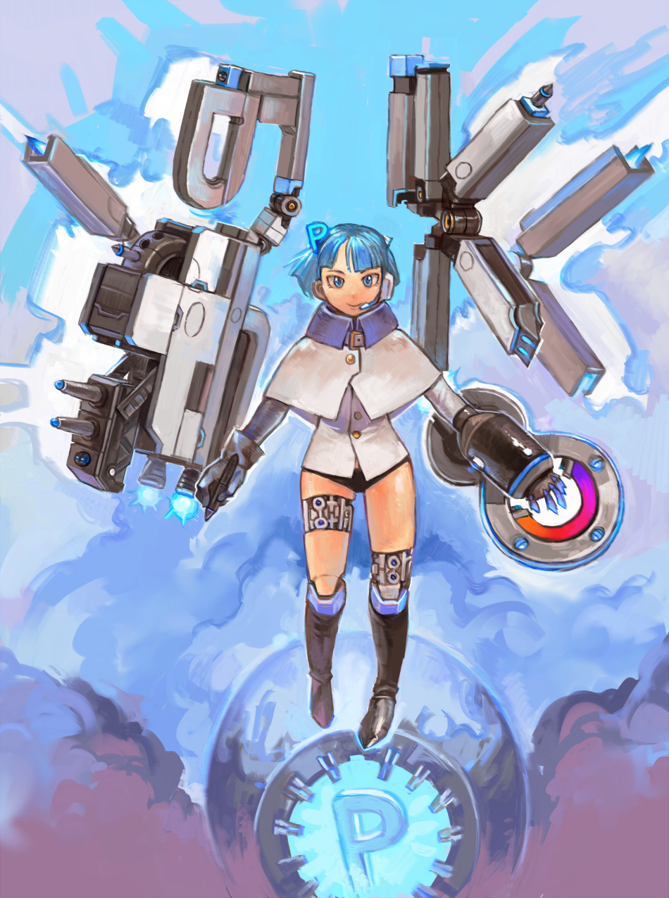 1girl bangs blue_eyes blue_hair boots full_body headset highres knee_boots level-00 mecha mechanical_arm midair no_pants original panties parts_exposed pen pixiv pixiv-tan robot_joints science_fiction short_hair single_glove solo underwear