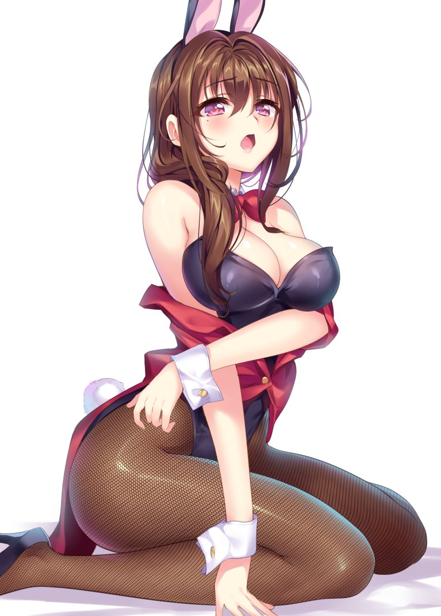 1girl animal_ears bare_shoulders blush bow bowtie breasts brown_hair brown_legwear bunny_girl bunny_tail bunnysuit buttons cleavage detached_collar fishnet_pantyhose fishnets gan_(shanimuni) highres long_hair mole mole_under_eye open_mouth pantyhose rabbit_ears simple_background sitting solo tail violet_eyes wariza white_background wrist_cuffs