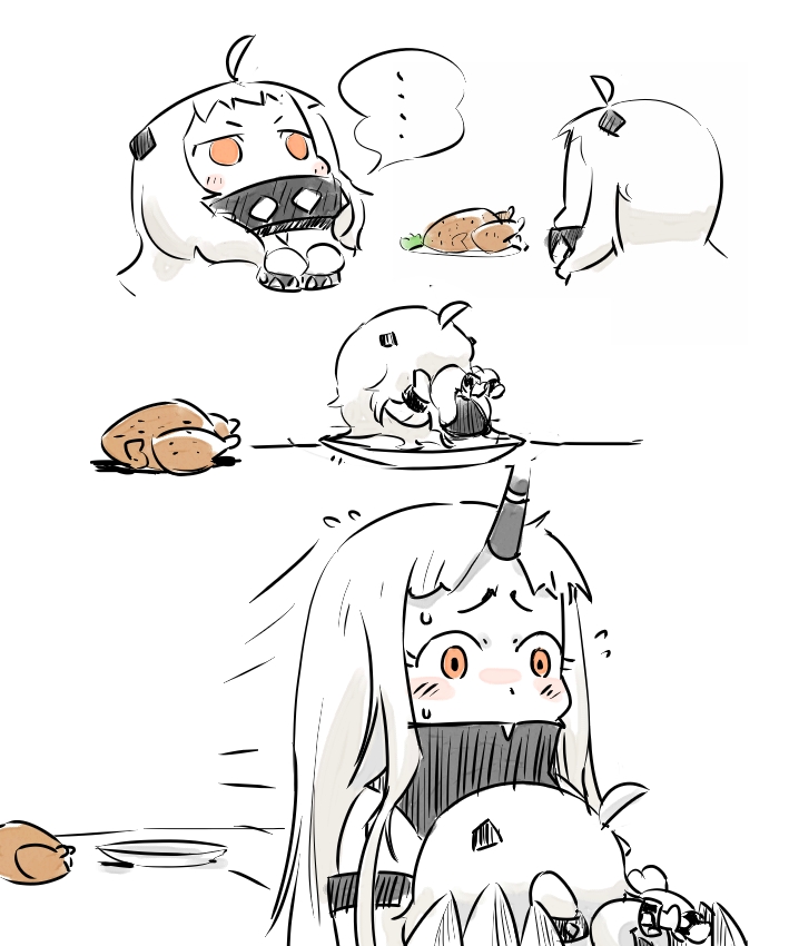 ... 2girls ahoge bird blush carrying chicken claws comic flying_sweatdrops food horn kantai_collection long_hair multiple_girls northern_ocean_hime ohyo seaport_hime sweat white_hair