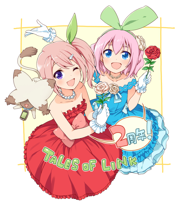 2girls ;d anniversary arm_up blue_dress blue_eyes bow copyright_name creature dress flower frills gloves green_bow hair_bow happy jewelry kana_(tales) lippi_(tales) looking_at_viewer mitsuki_meiya multiple_girls necklace one_eye_closed open_mouth pearl_necklace pink_bow pink_hair red_dress red_rose rose sara_(tales) short_hair side_ponytail smile tales_of_(series) tales_of_link violet_eyes white_gloves white_rose