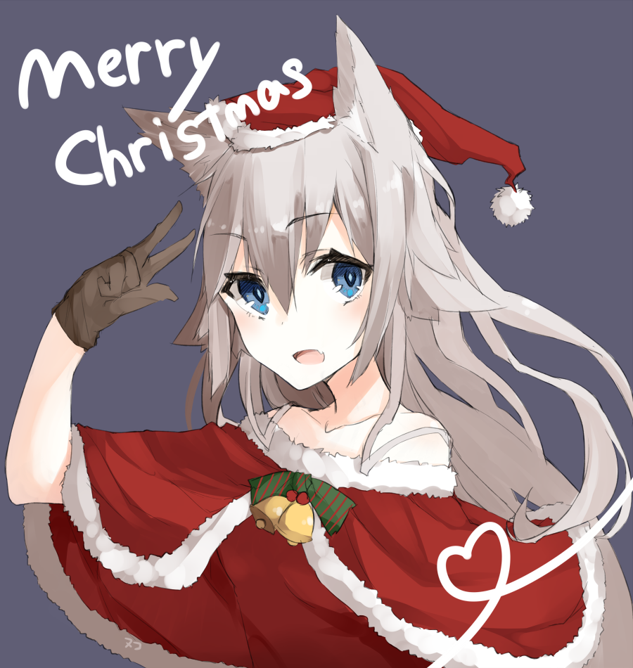 animal_ears bell blue_eyes capelet christmas fang fox_ears gloves grey_hair hat heart heart_of_string looking_at_viewer merry_christmas nuko_miruku open_mouth original santa_costume santa_hat