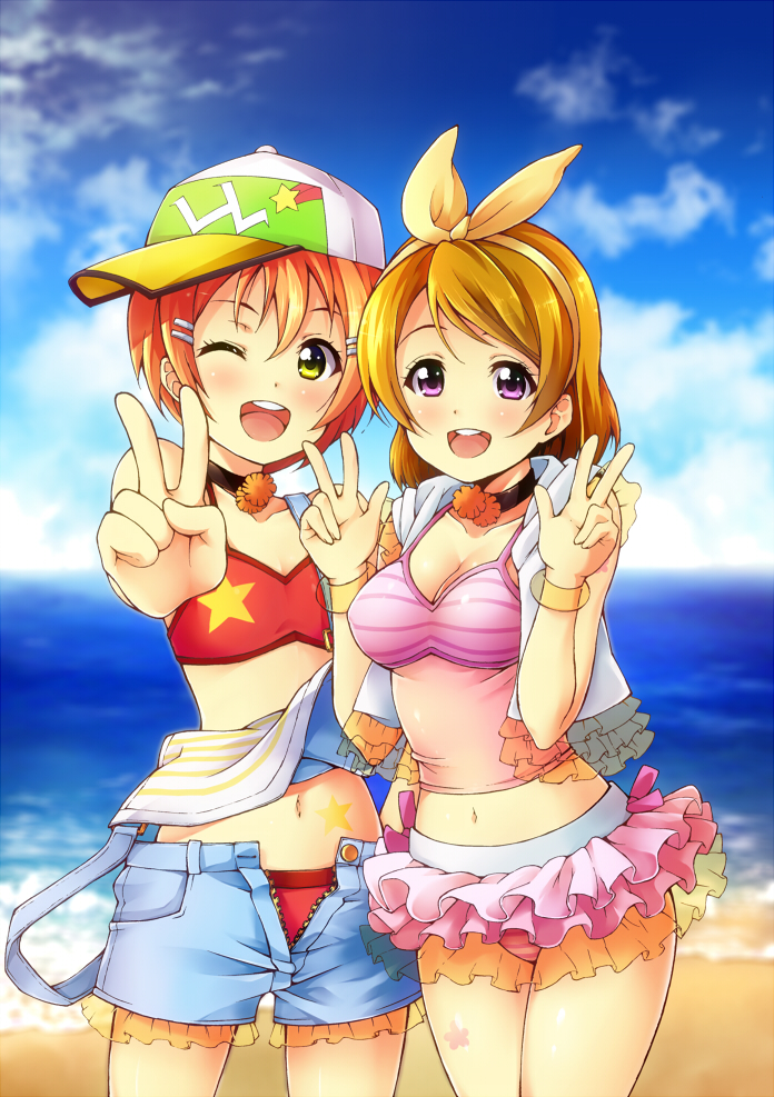 2girls :d ;d bangs bare_arms bare_shoulders baseball_cap beach bikini bikini_skirt bikini_top blue_sky blush bracelet breasts brown_hair buckle buttons choker cleavage clouds collarbone cowboy_shot denim denim_shorts double_w frilled_vest frills hair_between_eyes hair_ornament hair_ribbon hairband hairclip hand_gesture hat horizontal_stripes hoshizora_rin jewelry koizumi_hanayo layered_skirt legs_apart looking_at_viewer love_live!_school_idol_project midriff multiple_girls navel off_shoulder one_eye_closed open_clothes open_fly open_mouth open_vest orange_hair outdoors outstretched_arm pink_bikini pink_skirt red_bikini ribbon round_teeth sand satoutakahumi see-through short_hair short_shorts shorts skirt sky sleeveless small_breasts smile standing star star_print stomach strap_slip swept_bangs swimsuit tareme teeth unbuttoned unzipped v vest violet_eyes w water white_hat white_vest yellow_eyes yellow_ribbon