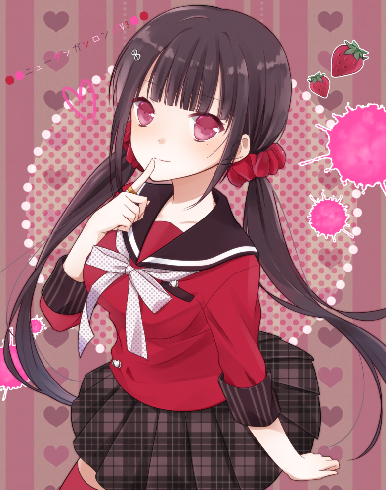 1girl bangs black_hair blunt_bangs blush breasts copyright_name dangan_ronpa finger_to_mouth food fruit grey_skirt hair_ornament hairclip jewelry looking_at_viewer mole mole_under_eye new_dangan_ronpa_v3 plaid plaid_skirt red_legwear ring school_uniform scrunchie serafuku skirt sleeves_rolled_up solo strawberry thigh-highs twintails violet_eyes