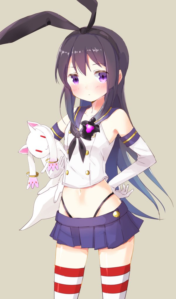 1girl akemi_homura black_hair black_panties black_ribbon blush cosplay dark_orb_(madoka_magica) elbow_gloves gloves hair_ribbon kantai_collection kyubey long_hair mahou_shoujo_madoka_magica midriff navel panties ribbon shimakaze_(kantai_collection) shimakaze_(kantai_collection)_(cosplay) skirt solo striped striped_legwear thigh-highs thong_panties underwear violet_eyes zettai_ryouiki