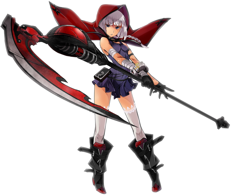 1girl artist_request bangs blunt_bangs boots dress gloves god_eater god_eater_2:_rage_burst hood lace lace-trimmed_thighhighs livie_collet red_hood scythe solo thigh-highs white_background white_hair