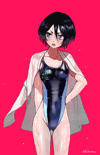 1girl artist_name black_hair bleach breasts hair_between_eyes kuchiki_rukia long_hair okihana one-piece_swimsuit short_hair simple_background solo swimsuit wet wet_clothes wet_swimsuit