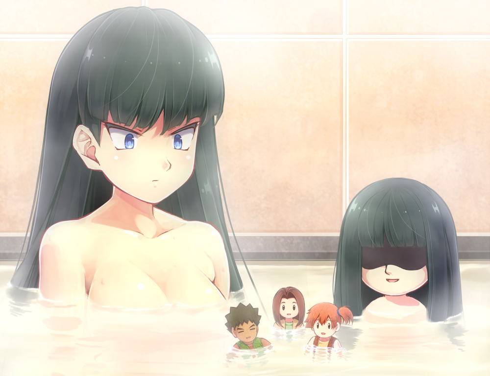 1girl bangs bath bathing blunt_bangs breasts character_doll character_request commentary_request doll kasumi_(pokemon) komimiyako long_hair looking_down natsume_(pokemon) nude open_mouth partially_submerged pokemon pokemon_(anime) smile tagme takeshi_(pokemon) wet