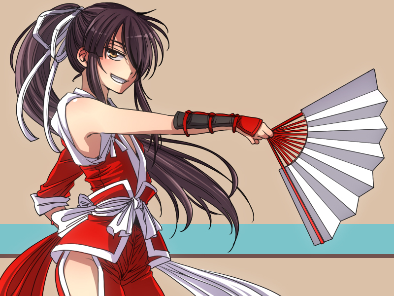 1boy adapted_costume cosplay fan folding_fan grin japanese_clothes long_hair ponytail shiranui_mai shiranui_mai_(cosplay) smile solo the_king_of_fighters youko_(santarose)