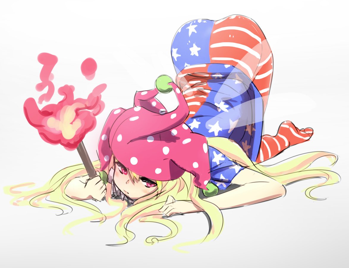 1girl american_flag_legwear american_flag_shirt blonde_hair clownpiece fairy_wings fire hat holding jester_cap long_hair looking_at_viewer on_ground pantyhose polka_dot simple_background sketch solo top-down_bottom-up torch touhou very_long_hair violet_eyes white_background wings