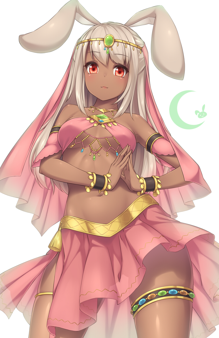 1girl :3 animal_ears bangs bra bracelet breasts collarbone crescent dark_skin fingers_together from_below jewelry long_hair looking_at_viewer navel necklace original pink_bra pink_skirt rabbit_ears red_eyes sand-rain sasaame sidelocks simple_background skirt solo standing tiara underwear veil white_background white_hair