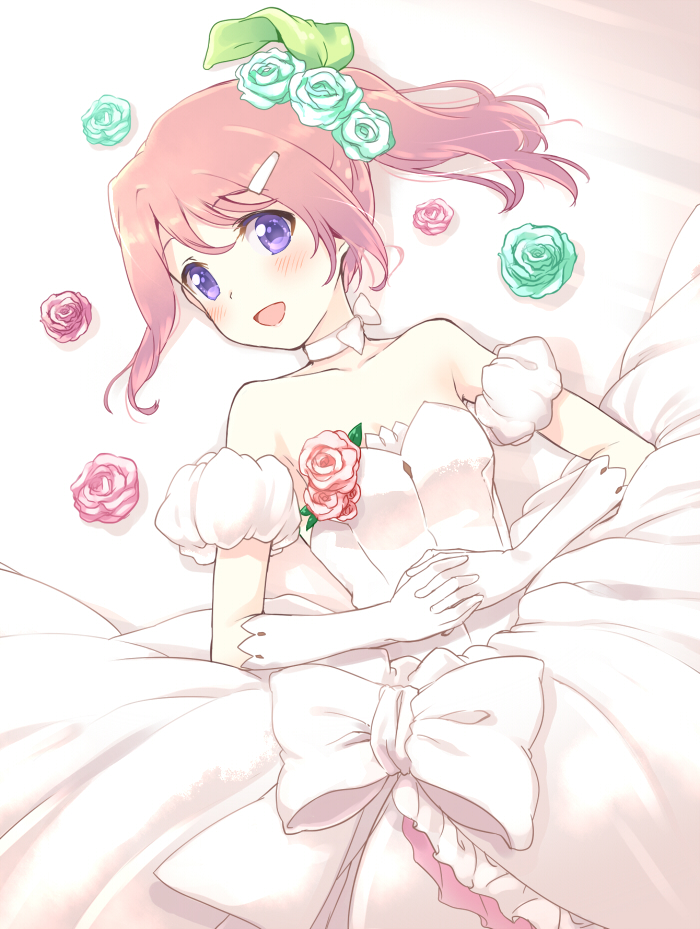 1girl :d bare_shoulders blush bow bride choker collarbone cowboy_shot dress elbow_gloves flower gloves green_rose hair_flower hair_ornament hairclip hands_clasped looking_at_viewer lying mitsuki_meiya on_back open_mouth pink_hair ponytail rose sara_(tales) short_hair smile solo strapless strapless_dress tales_of_(series) tales_of_link violet_eyes wedding_dress white_bow white_dress white_gloves