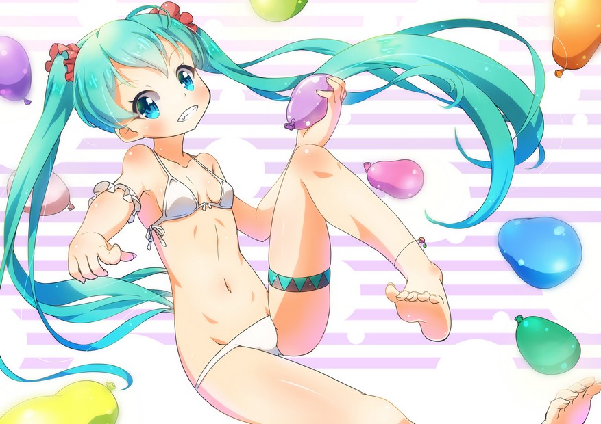 1girl anklet aqua_hair barefoot bikini blue_eyes blush collarbone feet grin hatsune_miku jewelry legs long_hair navel pointing pointing_at_viewer small_breasts smile solo swimsuit toes twintails very_long_hair vocaloid water_balloon white_bikini