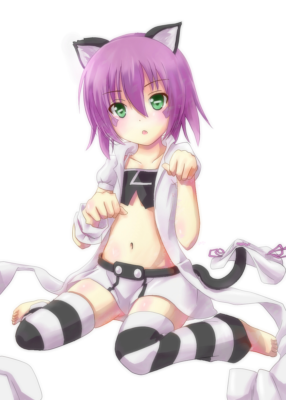 1girl :o animal_ears barefoot cat_ears cat_tail coat crop_top dennryuurai facial_mark fang flat_chest goat_eyes green_eyes hat hat_removed headwear_removed highres looking_at_viewer merry_nightmare midriff navel open_mouth paw_pose purple_hair short_hair simple_background sitting skirt solo striped striped_legwear symbol-shaped_pupils tail thigh-highs wariza white_background wristband yumekui_merry