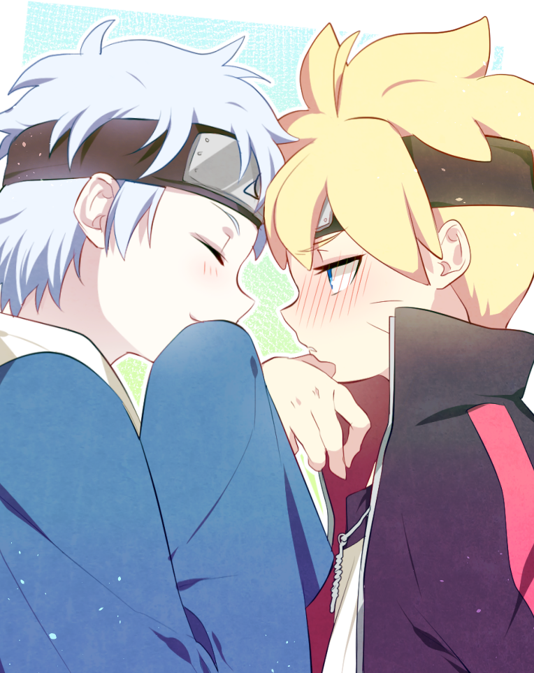 2boys blonde_hair blue_hair blush boruto:_naruto_the_movie closed_eyes forehead_protector glasses mitsuki_(naruto) multiple_boys naruto nipye short_hair smile twitter_username uzumaki_boruto