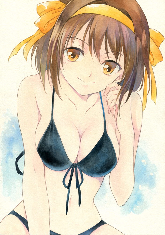 1girl agahari bare_shoulders bikini black_bikini blush breasts brown_eyes brown_hair cleavage collarbone front-tie_top hair_ribbon hairband large_breasts looking_at_viewer navel ribbon short_hair smile solo suzumiya_haruhi suzumiya_haruhi_no_yuuutsu swimsuit traditional_media