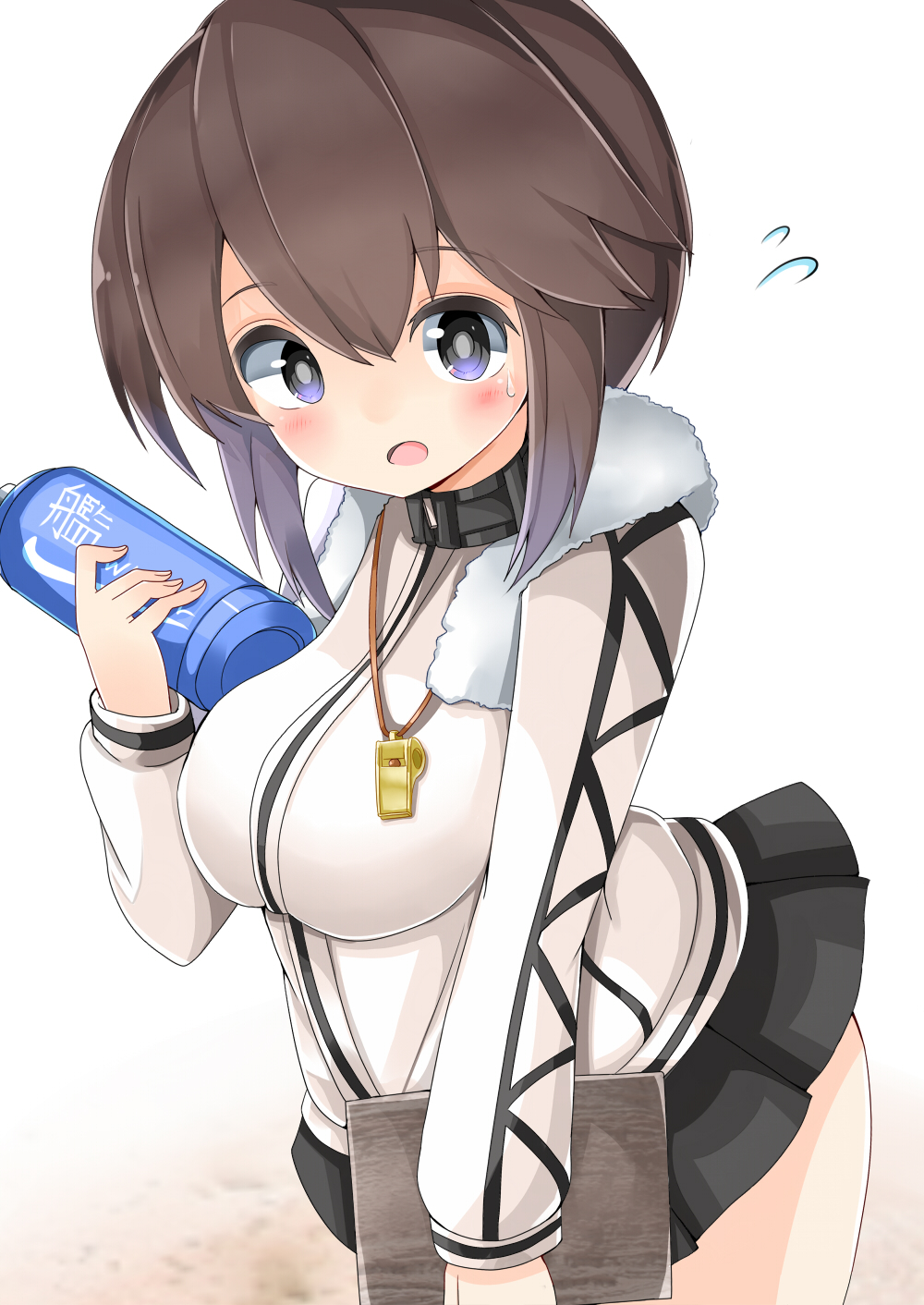 1girl black_skirt blue_eyes bottle breasts brown_hair clipboard hayasui_(kantai_collection) hidaka0503 highres jacket kantai_collection long_sleeves miniskirt open_mouth pleated_skirt short_hair skirt solo sweatdrop towel track_jacket turtleneck water_bottle zipper