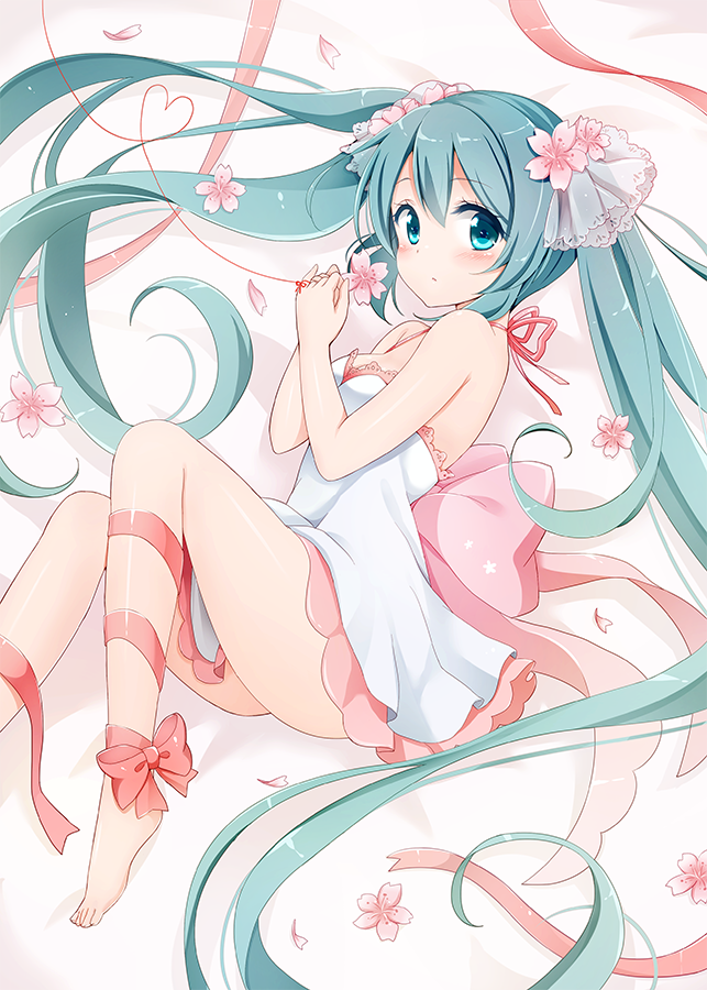 1girl bare_legs bare_shoulders barefoot bed_sheet blue_eyes blue_hair blush bow breasts cleavage dress expressionless halterneck hatsune_miku heart heart_of_string long_hair looking_at_viewer lying on_side petals pink_bow pinky_out red_string ribbon see-through sleeveless sleeveless_dress snowmi solo string tareme thigh_ribbon toes very_long_hair vocaloid white_dress