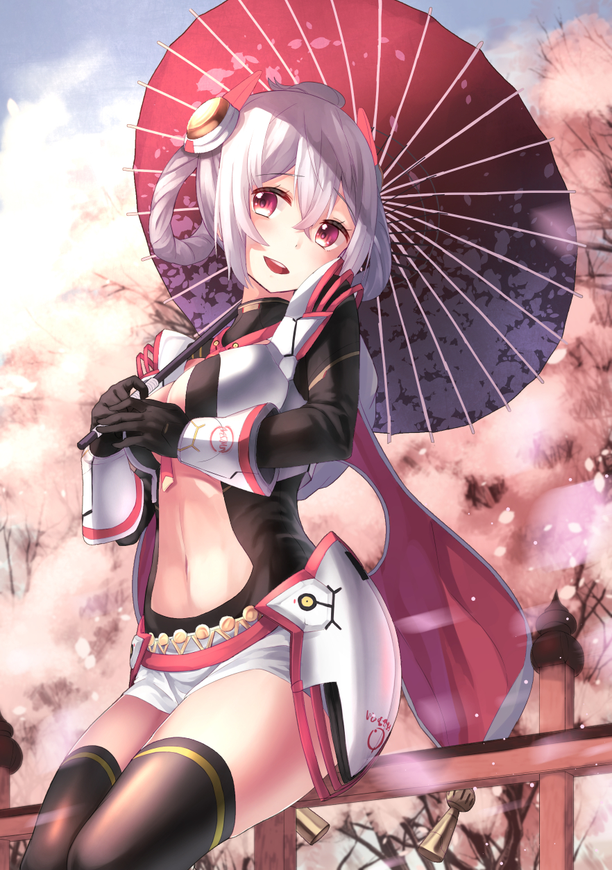 1girl blush breasts center_opening cherry_blossoms cleavage cleavage_cutout fence hair_ornament hair_rings headgear highres long_hair looking_at_viewer matoi_(pso2) navel open_mouth oriental_umbrella phantasy_star phantasy_star_online_2 red_eyes saraki silver_hair sky smile solo thigh-highs tree twintails umbrella