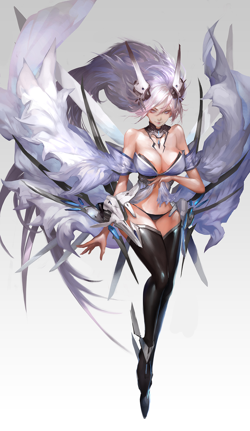 1girl bare_shoulders black_legwear breasts cleavage grey_background grey_eyes highres large_breasts long_hair silver_hair simple_background smile solo thigh-highs wings youshun_(naturaljuice)