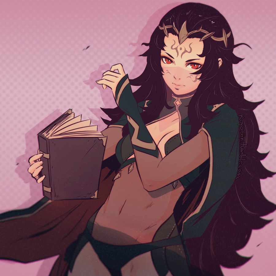 1girl black_hair book breasts circlet cleavage clockwork-cadaver facial_tattoo fire_emblem fire_emblem_if long_hair looking_at_viewer navel nyx_(fire_emblem_if) red_eyes see-through sleeves_past_wrists solo tattoo very_long_hair watermark web_address
