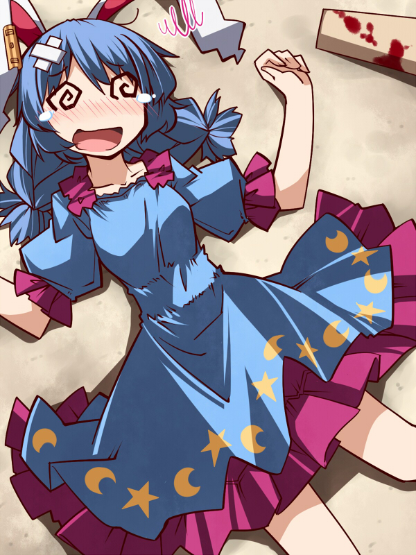 1girl @_@ animal_ears blood bloody_weapon blue_dress blue_hair blush crossed_bandaids dress hemogurobin_a1c lying mallet on_back on_ground open_mouth puffy_short_sleeves puffy_sleeves rabbit_ears seiran_(touhou) short_sleeves solo squiggle tears touhou twintails weapon