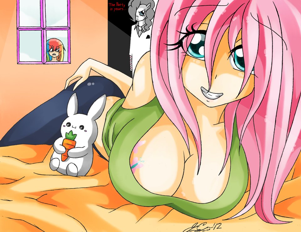 breasts carrot cleavage fluttershy huge_breasts manhunterj personification pink_hair pinkie_pie rabbit rainbow_dash smile tattoo tattooed_breast