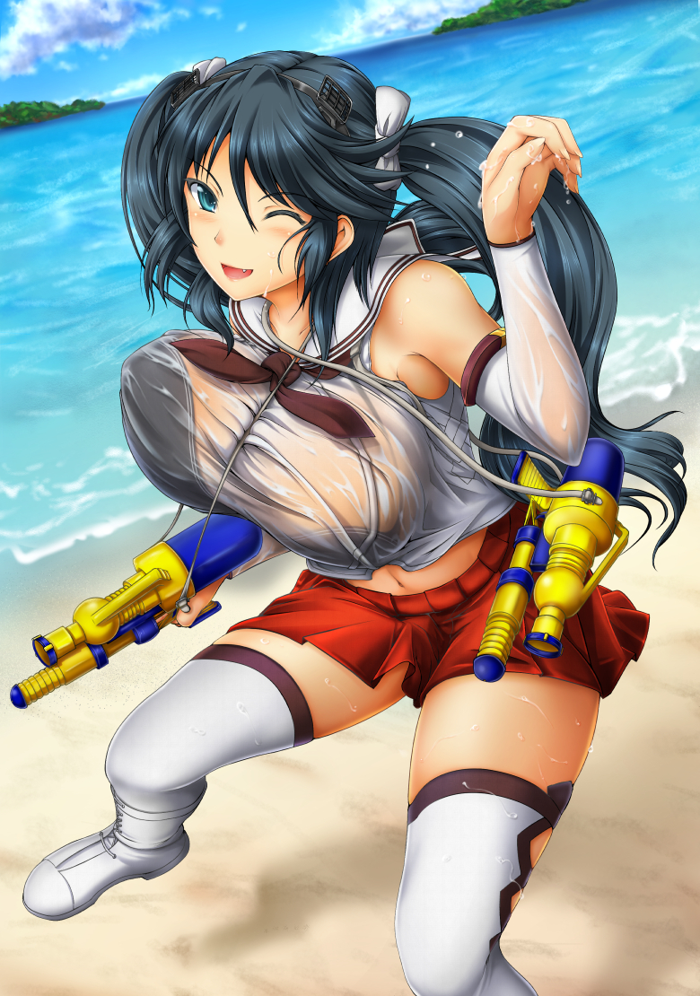 1girl ;d bare_shoulders beach black_bra blush bol_(liliymimi) bow bra breasts detached_sleeves green_eyes green_hair hair_bow hair_ribbon hairband headgear isuzu_(kantai_collection) kantai_collection large_breasts long_hair looking_at_viewer navel one_eye_closed open_mouth pleated_skirt ribbon school_uniform see-through serafuku skirt smile solo thigh-highs twintails unaligned_breasts underwear water_gun wet wet_clothes white_bow white_legwear