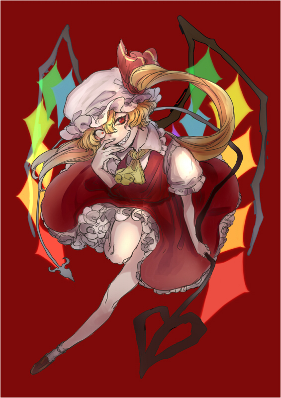 1girl asymmetrical_hair azanaya_nie blonde_hair clenched_teeth cravat crazy crazy_eyes flandre_scarlet frilled_skirt frills full_body grin hair_between_eyes hair_ribbon hat laevatein leg_up long_hair mob_cap red_background red_ribbon red_skirt ribbon side_ponytail simple_background skirt skirt_set smile solo teeth touhou very_long_hair white_hat wings