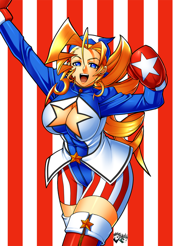 1girl bandana blonde_hair blue_eyes boxing_gloves breasts cleavage earrings jadenkaiba jewelry large_breasts long_hair project_justice rival_schools rival_schools:_united_by_fate smile solo tiffany_lords