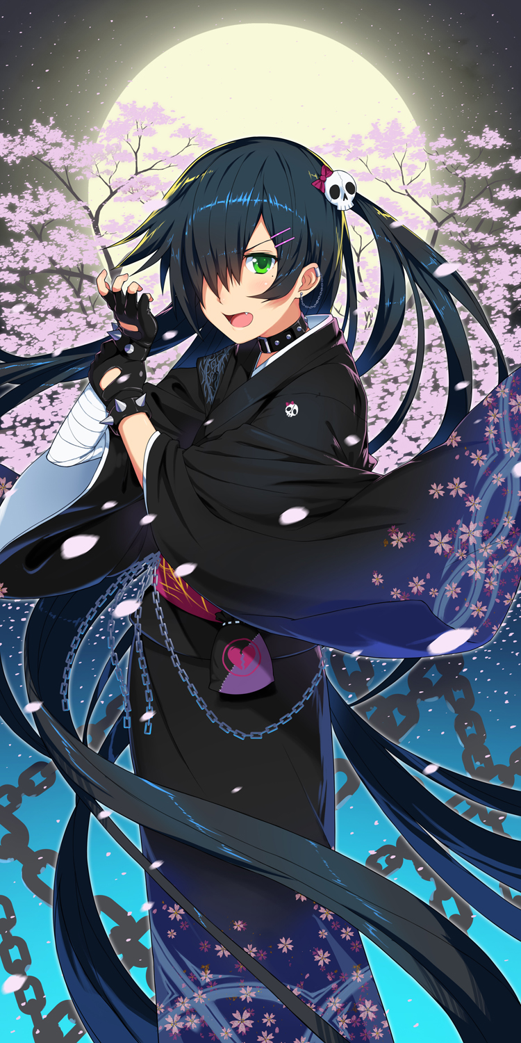 1girl bandaged_arm black_hair bracelet chain cherry_blossoms chuunibyou earrings fang fingerless_gloves gloves green_eyes hair_ornament hair_over_one_eye hairclip highres jewelry long_hair looking_at_viewer moon open_mouth original petals ribbon setsuo_(chohonsoku) skull_hair_ornament solo spiked_bracelet spikes studded_collar two_side_up very_long_hair wide_sleeves
