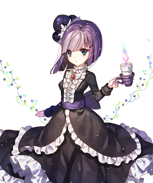 1girl bangs black_dress blackberry_cookie blue_eyes blunt_bangs blush bow brooch candle cookie_run dress frills jewelry lolita_fashion long_sleeves natsu_(759aqsw) purple_bow purple_hair short_hair solo