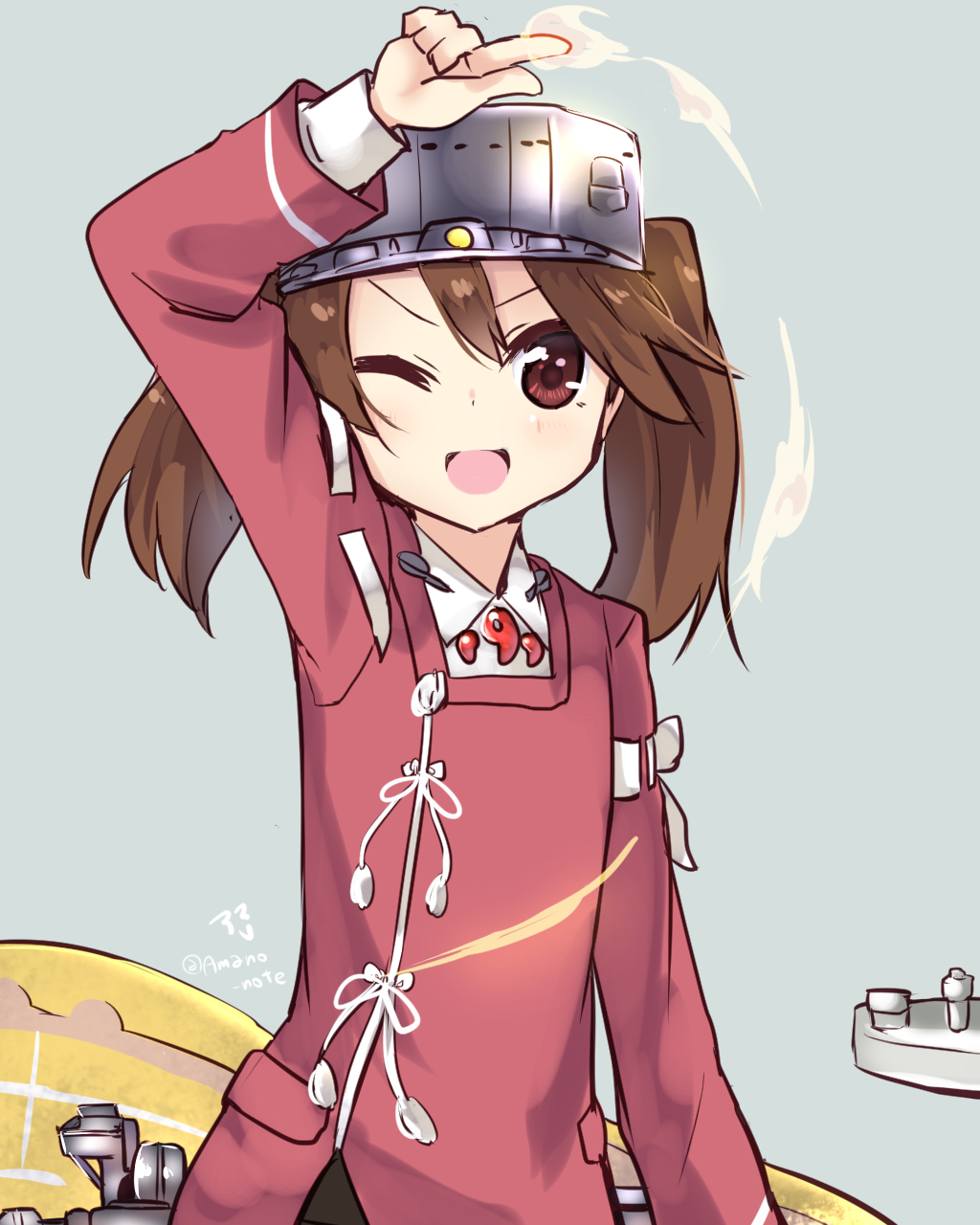 1girl :d amano_kouki arm_up brown_hair highres japanese_clothes kantai_collection kariginu looking_at_viewer magatama one_eye_closed open_mouth ryuujou_(kantai_collection) smile solo twintails twitter_username upper_body visor_cap