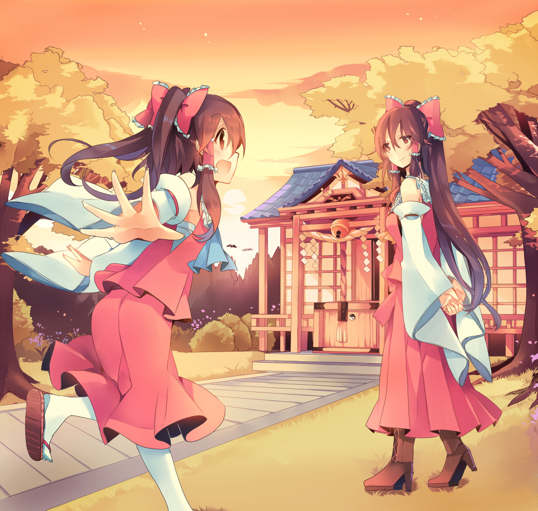 2girls bow brown_eyes brown_hair detached_sleeves hair_bow hair_tubes hakurei_reimu hakurei_shrine kirero long_hair long_sleeves mother_and_daughter multiple_girls open_mouth outstretched_arms shirt skirt skirt_set smile sunset touhou tree very_long_hair wide_sleeves