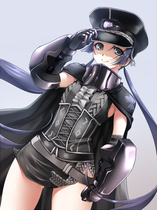 1girl adjusting_clothes adjusting_hat alric armor armored_dress belt black_gloves black_hair black_lily_(flower_knight_girl) blue_background cape cowboy_shot dutch_angle flower_knight_girl gloves grey_eyes hat long_hair looking_at_viewer miniskirt skirt smile solo twintails